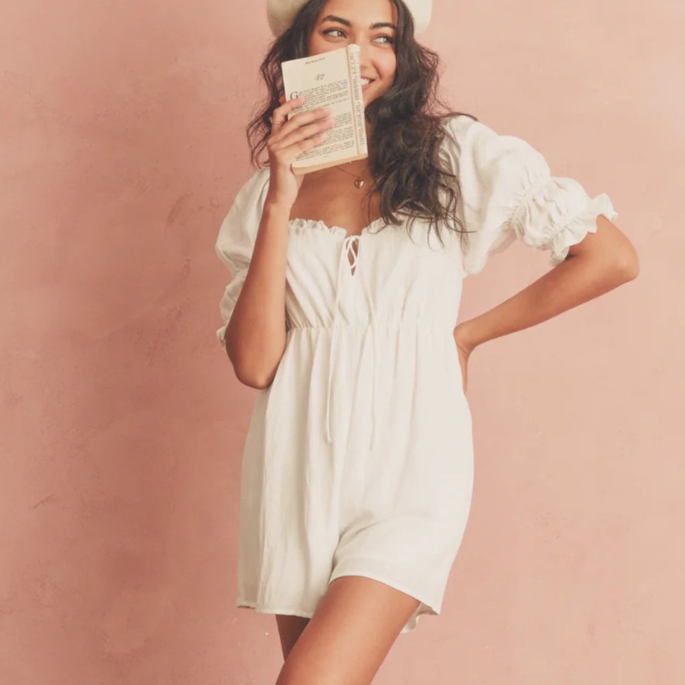White cottagecore romper | white romper with puff sleeves